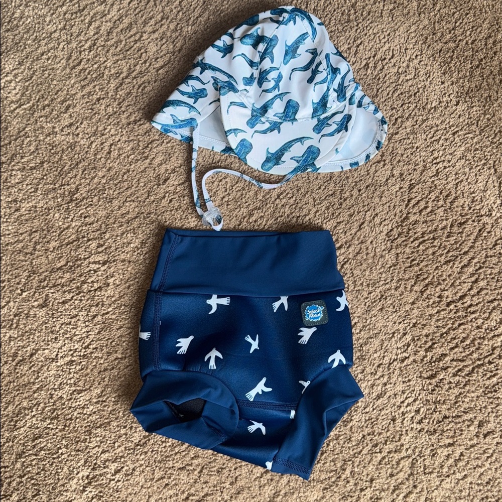 12-24 Month Happy Nappy Blue Swim Diaper & Hat Set with Bird Shark Pattern